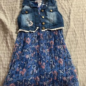 Kids Blue Floral Dress with Denim Vest